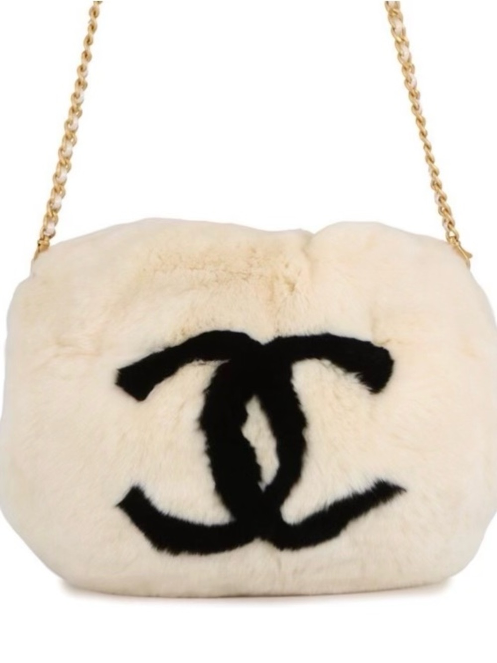 Double C Chain Neige. VTG Shoulder White Faux Fur Hand Warmer Muff Logo Bag.